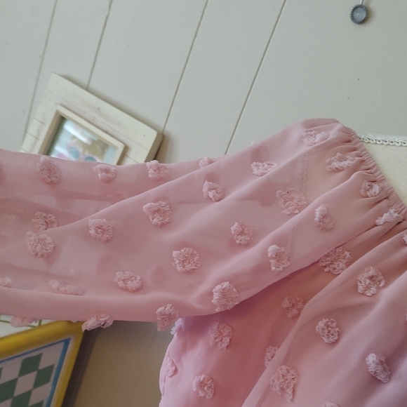 Pink Balloon Shirt Lantern Sleeve Fuzzy Dots Size Small - Picture 4 of 9